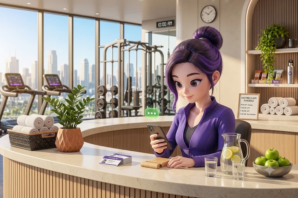 Megan at the front desk on a bright morning, booking someone in