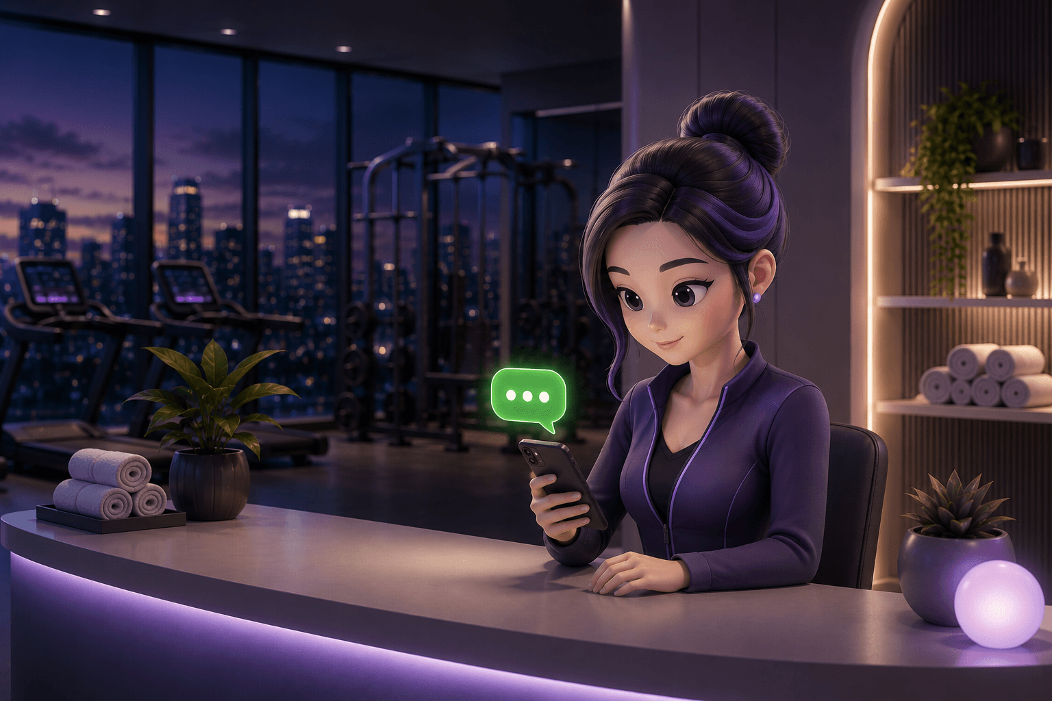 Megan still answering messages at the front desk late at night